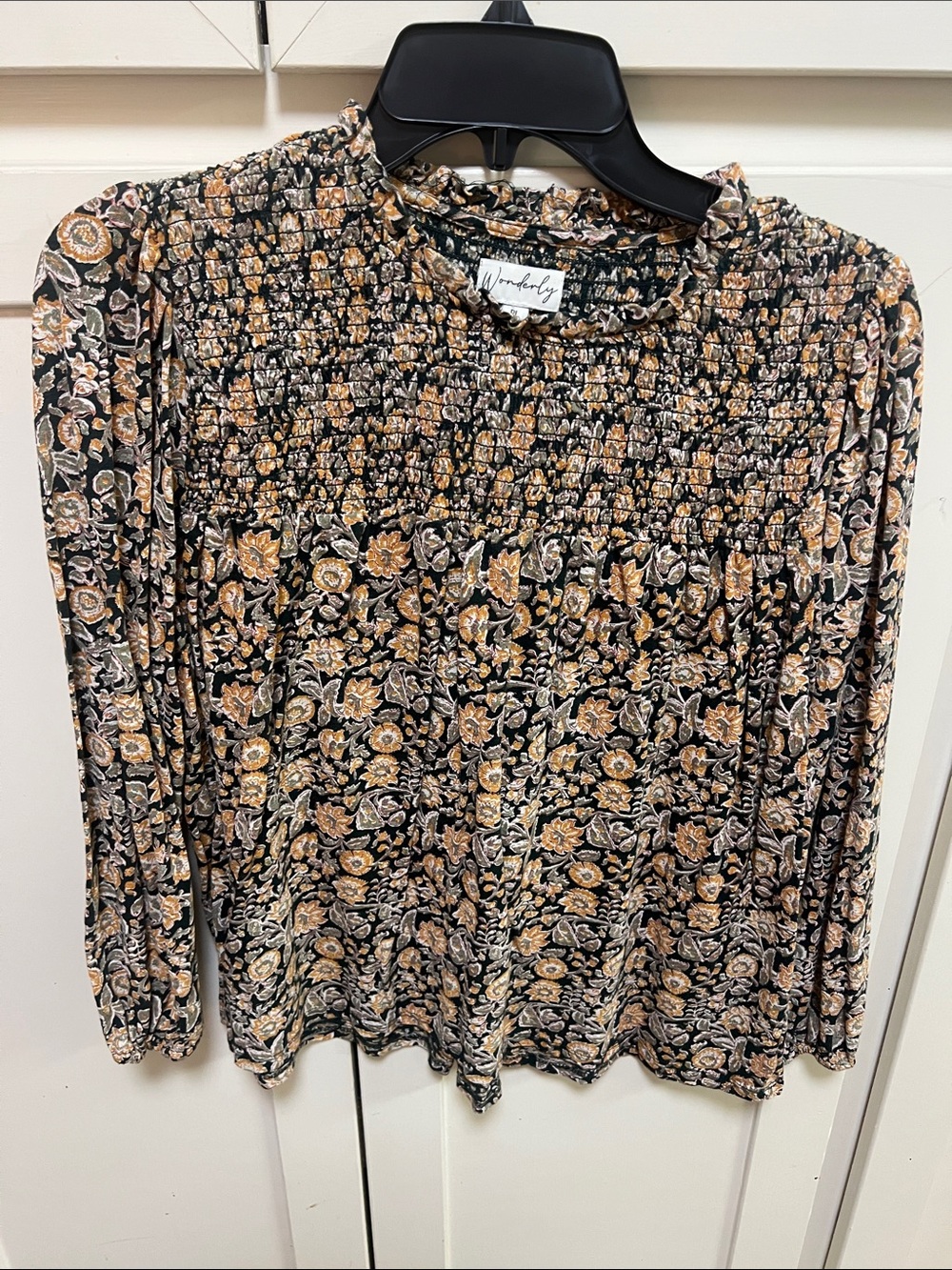 Wonderly Black Floral Smocked Long Sleeve Blouse Size Large Petite
